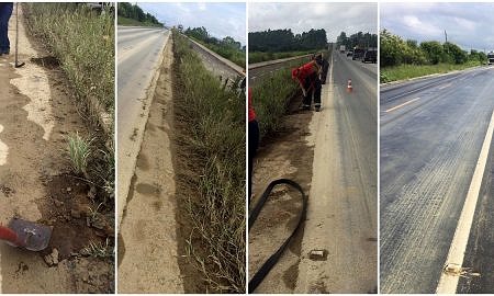 Corpo de Bombeiros faz lavagem de pista após derramamento de argila