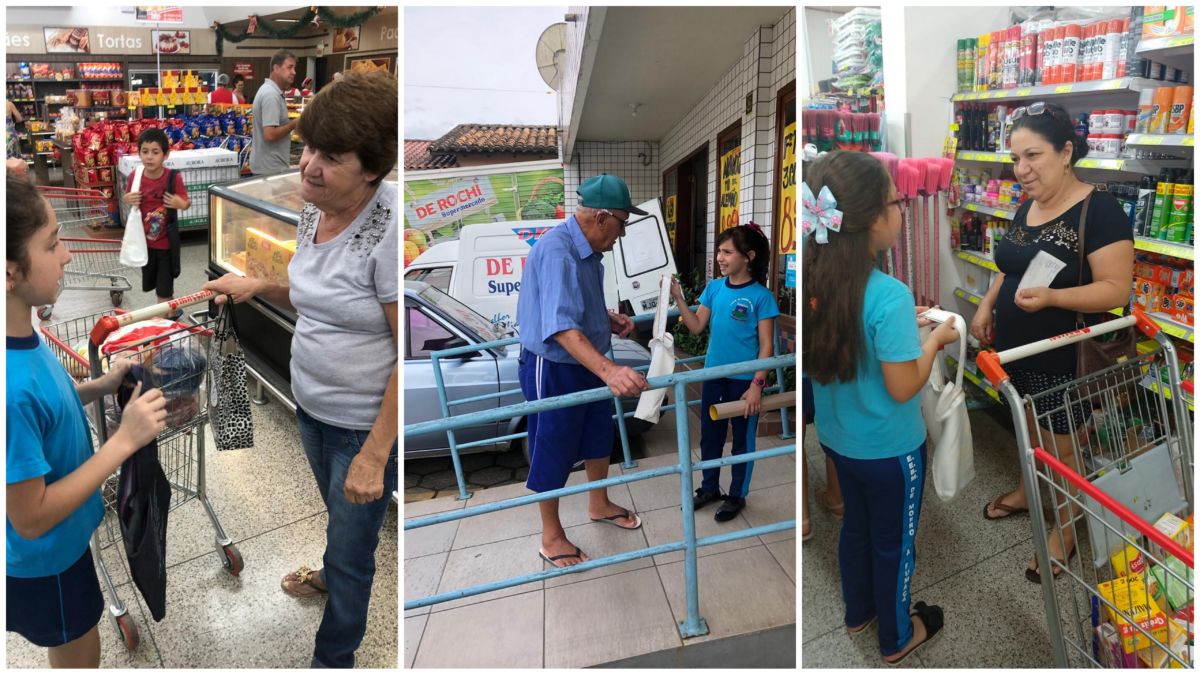 Alunos da Escola Ignácio Mrotskouski distribuem sacolas ecológicas