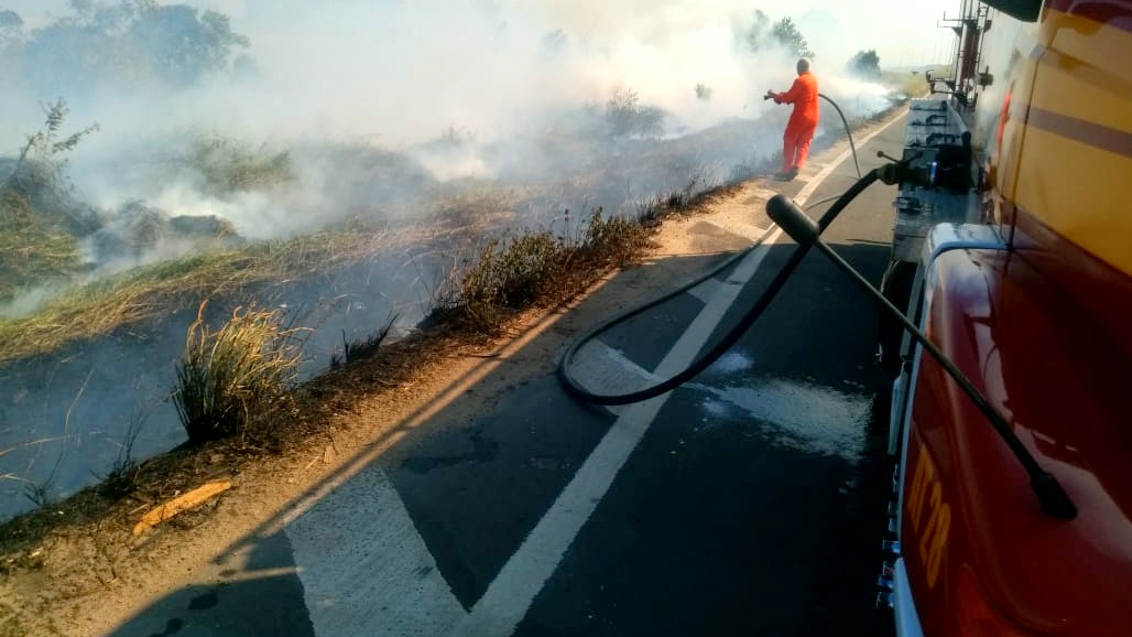 Bombeiros de Morro da Fumaça combatem incêndio em vegetação na BR-101