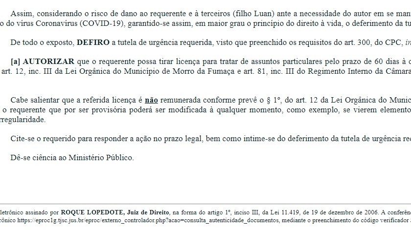 Na justiça, vereador consegue direito de se licenciar sem remuneração em Morro da Fumaça