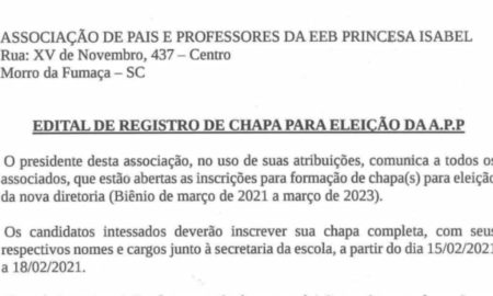 Edital de registro de chapa para eleição da APP da EEB Princesa Isabel