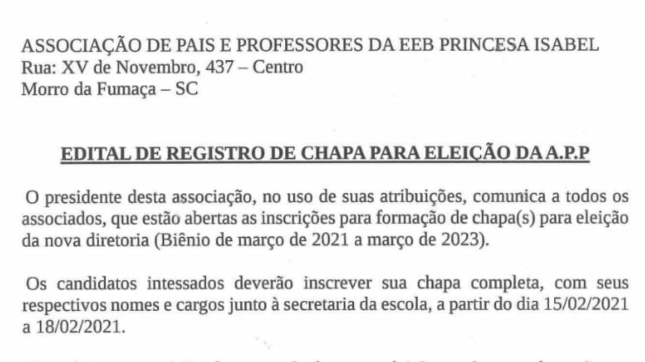 Edital de registro de chapa para eleição da APP da EEB Princesa Isabel