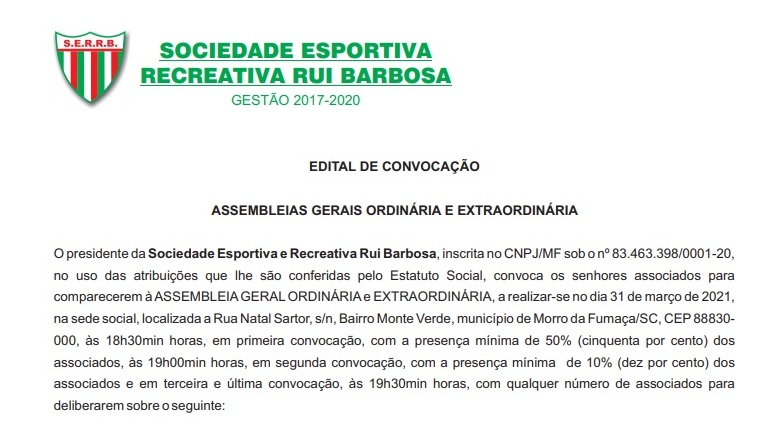 Edital de Convocação: Sociedade Esportiva e Recreativa Rui Barbosa (SERRB)