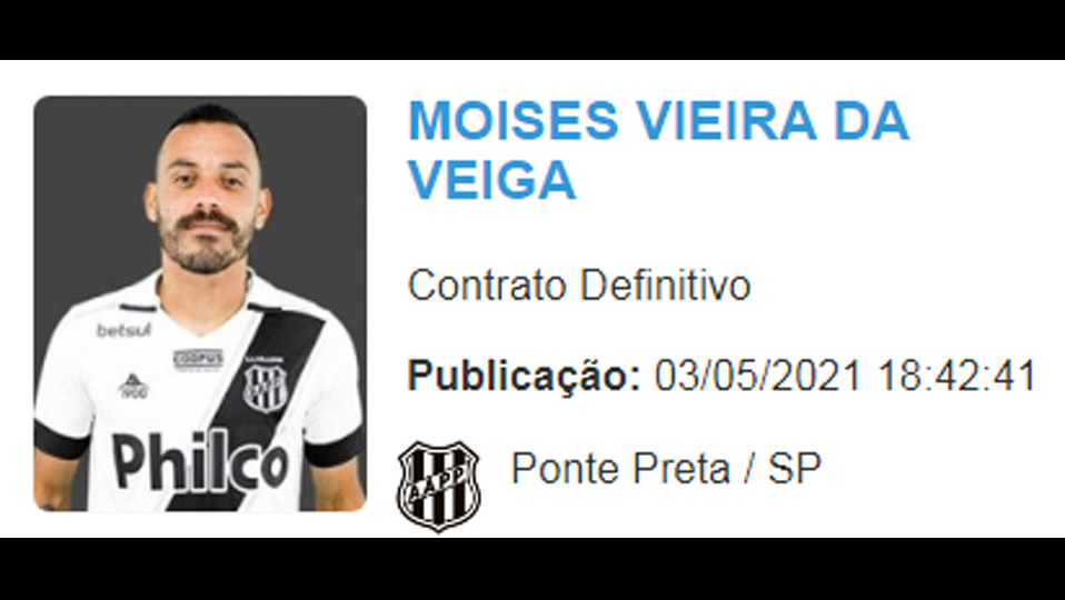 Com novo contrato registrado e publicado no BID, Moisés está à disposição para clássico