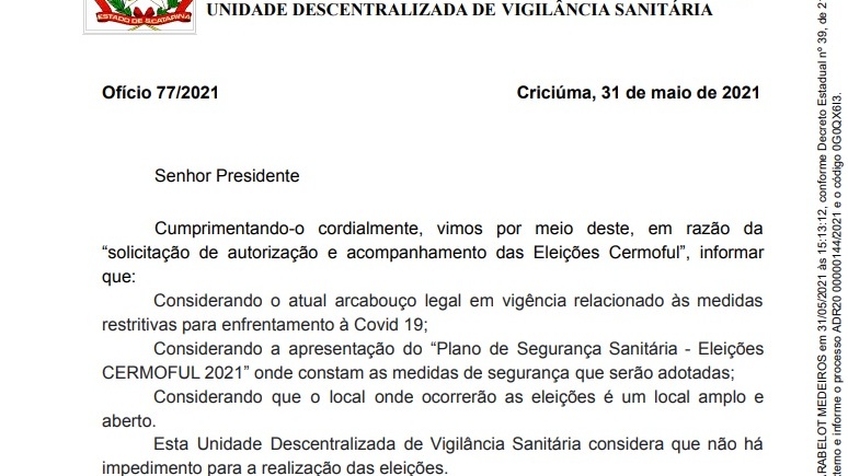 Documento do Governo do Estado libera eleição da Cermoful dia 13