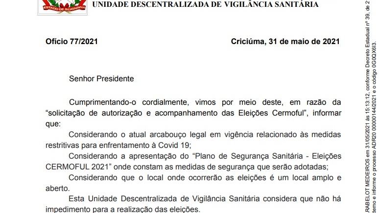 Documento do Governo do Estado libera eleição da Cermoful dia 13