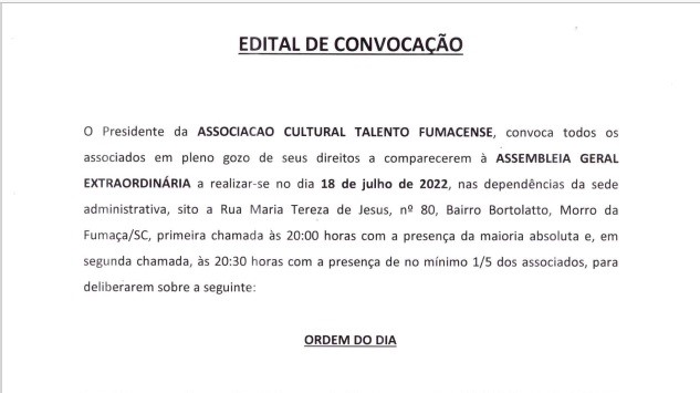 Edital de Convocação - Associação Cultural Talento Fumacense