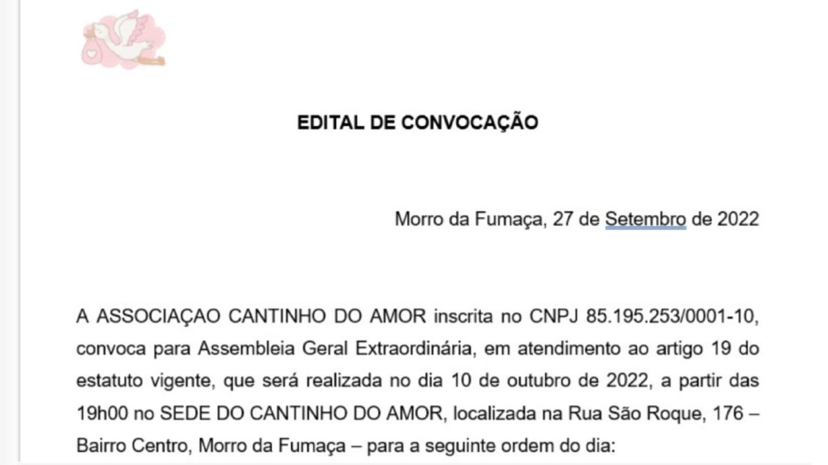 EDITAL DE CONVOCAÇÃO - ASSOCIAÇÃO CANTINHO DO AMOR