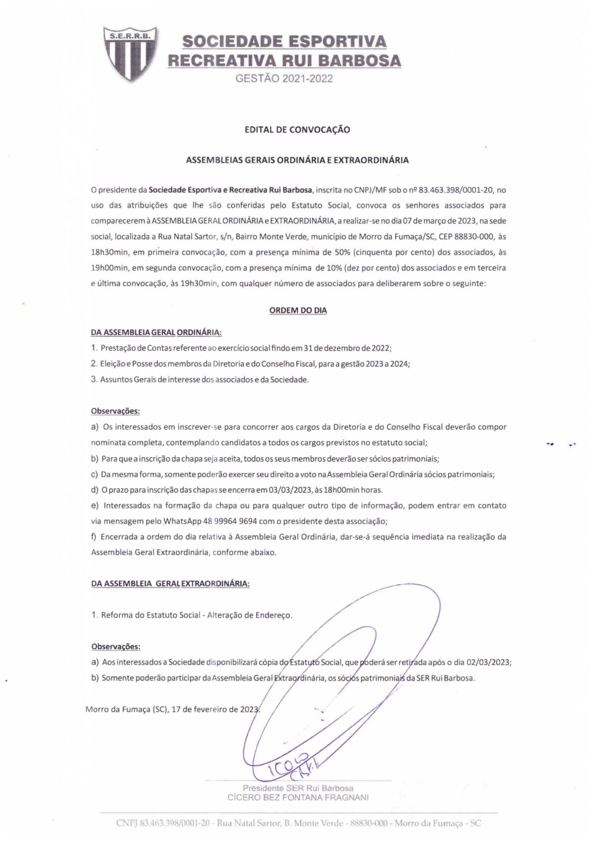 Edital de Convocação: Sociedade Esportiva e Recreativa Rui Barbosa (SERRB)