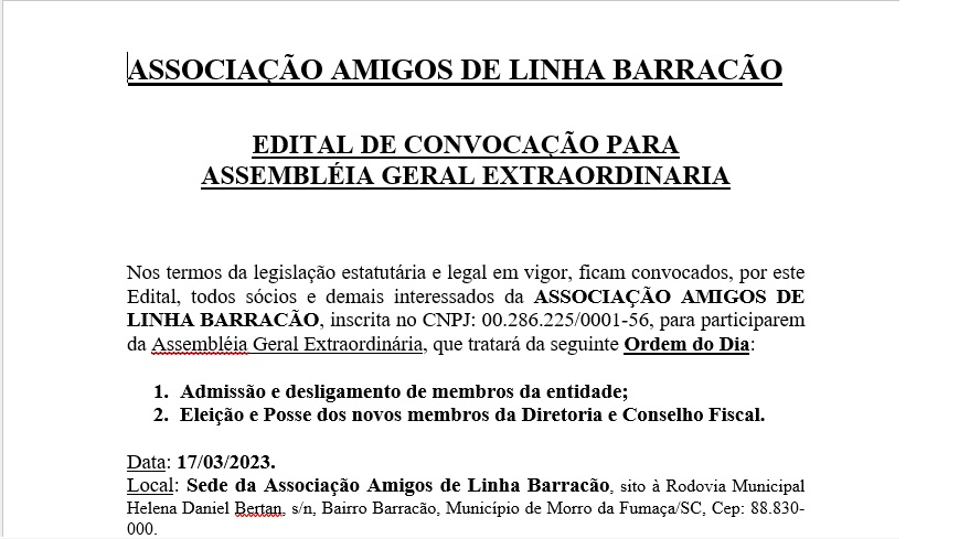 EDITAL DE CONVOCAÇÃO: ASSOCIAÇÃO AMIGOS DE LINHA BARRACÃO