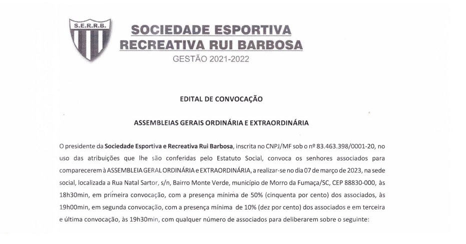 Edital de Convocação: Sociedade Esportiva e Recreativa Rui Barbosa (SERRB)