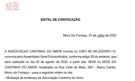 EDITAL DE CONVOCAÇÃO – ASSOCIAÇÃO CANTINHO DO AMOR