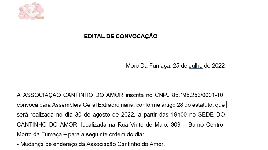 EDITAL DE CONVOCAÇÃO – ASSOCIAÇÃO CANTINHO DO AMOR