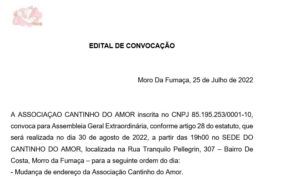 EDITAL DE CONVOCAÇÃO – ASSOCIAÇÃO CANTINHO DO AMOR
