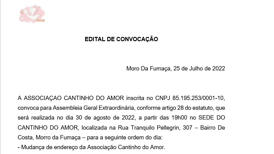 EDITAL DE CONVOCAÇÃO – ASSOCIAÇÃO CANTINHO DO AMOR