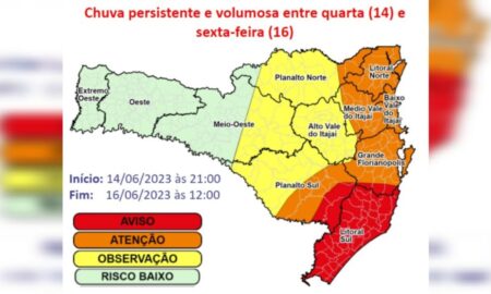 Defesa Civil de Santa Catarina emite Aviso Especial para chuva persistente e volumosa