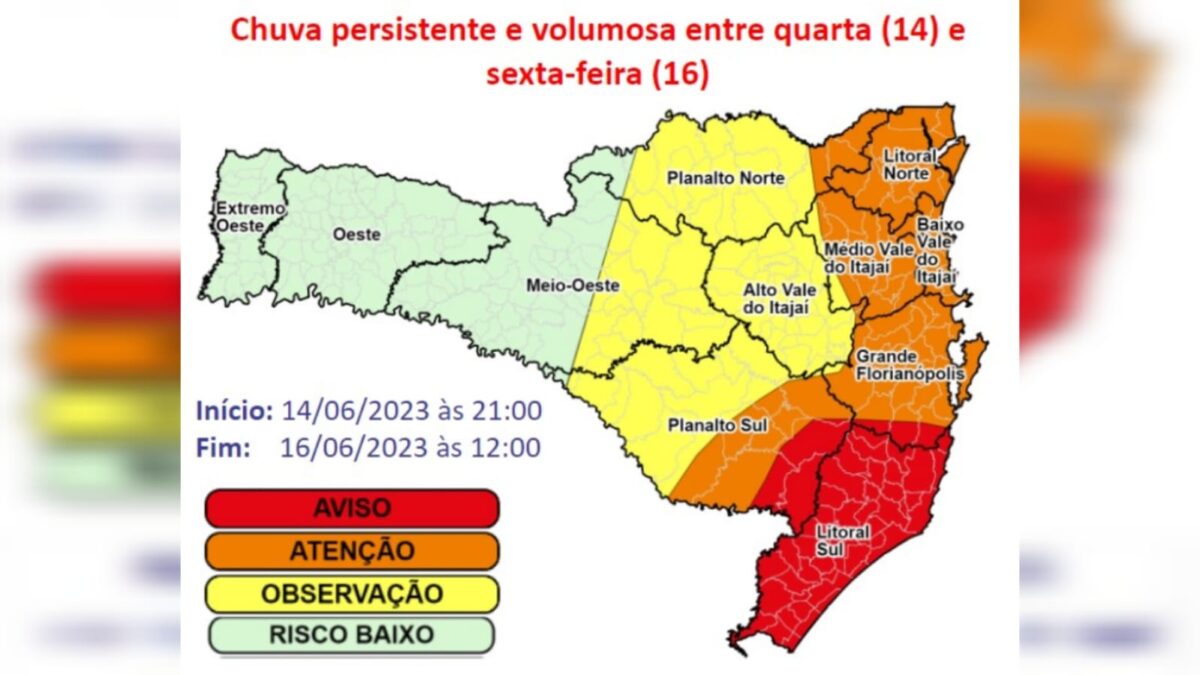 Defesa Civil de Santa Catarina emite Aviso Especial para chuva persistente e volumosa