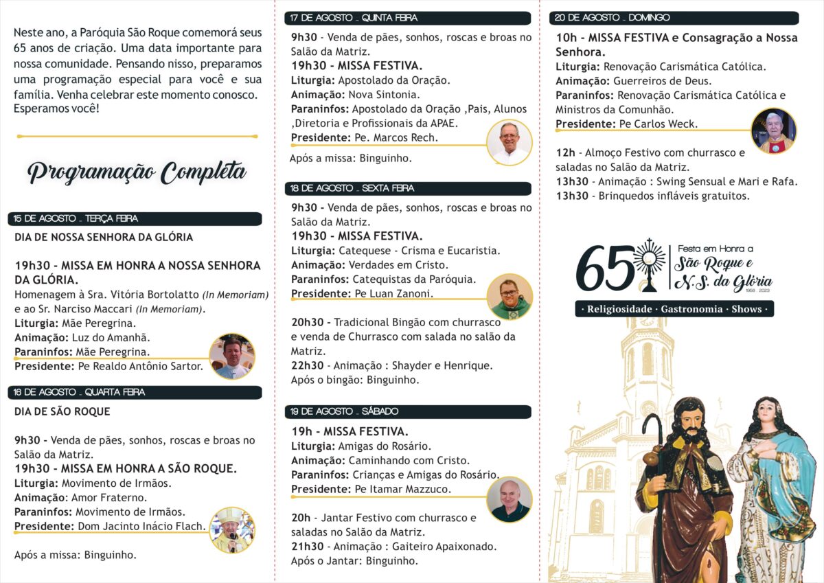 Programação da Festa de São Roque e Nossa Senhora da Glória é divulgada