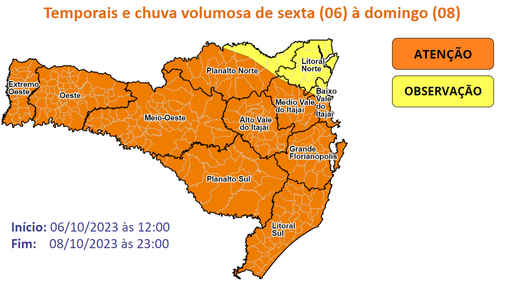 Defesa Civil alerta para temporais e chuva volumosa entre sexta-feira e domingo