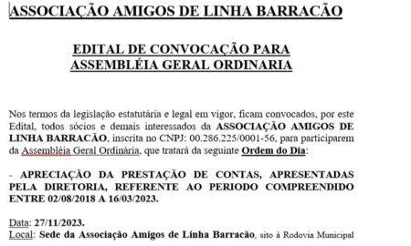 EDITAL DE CONVOCAÇÃO: ASSOCIAÇÃO AMIGOS DE LINHA BARRACÃO