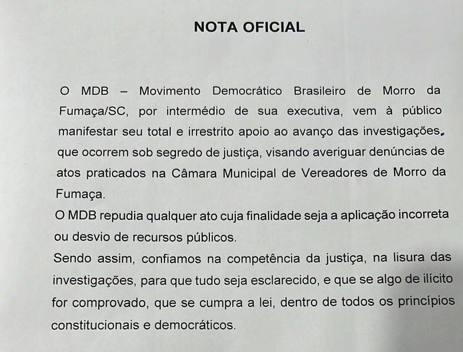 MDB de Morro da Fumaça manifesta apoio a investigação no Legislativo