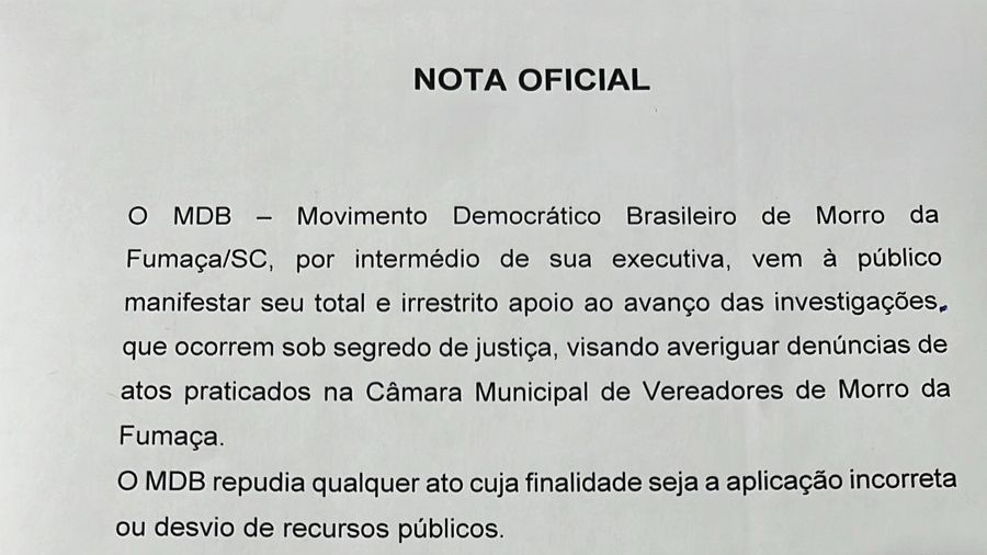 MDB de Morro da Fumaça manifesta apoio a investigação no Legislativo