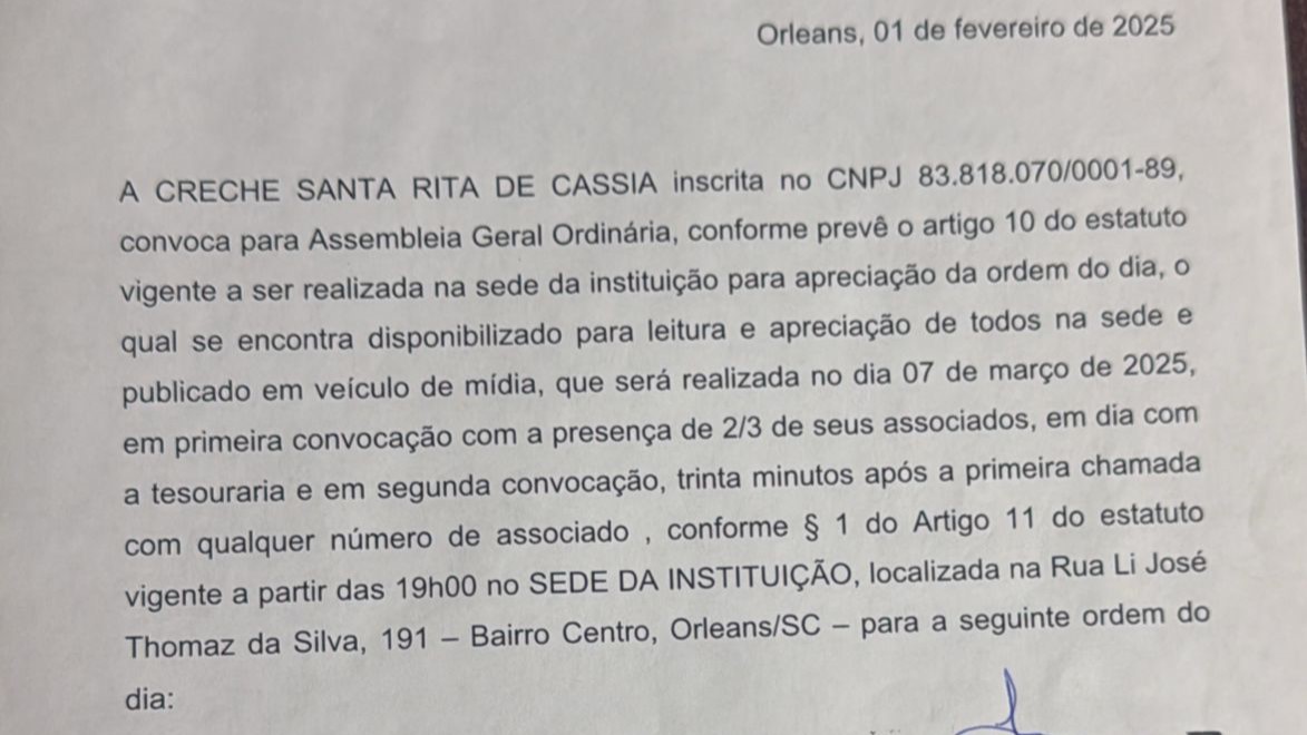 Edital de Convocação - Creche Santa Rita de Cássia