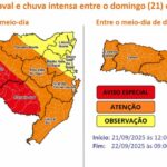 Temporais com vendaval e chuva intensa entre a madrugada do domingo (21) e a segunda-feira (22)