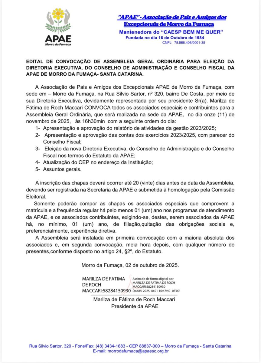 Edital de Convocação – APAE de Morro da Fumaça