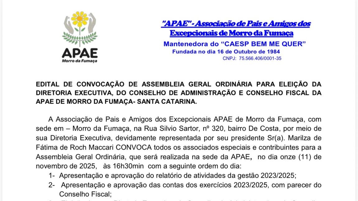 Edital de Convocação – APAE de Morro da Fumaça