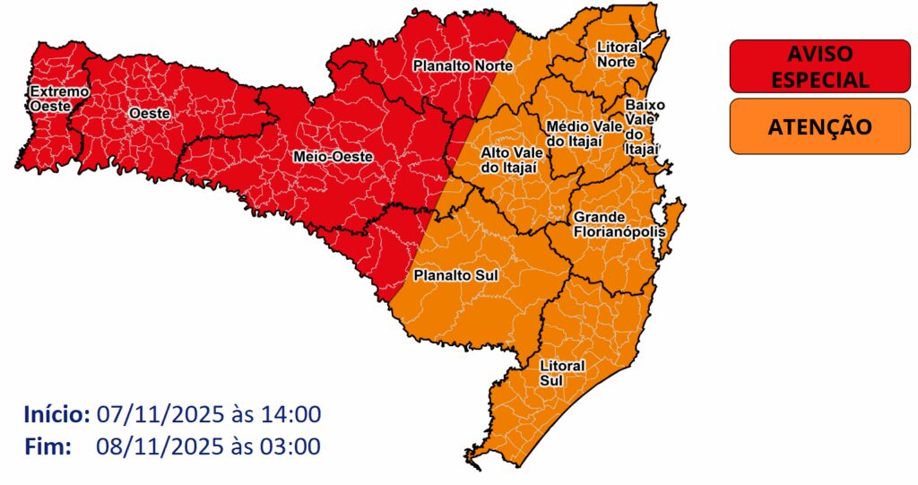 Temporais com vendaval e chuva intensa entre a tarde de sexta-feira (07) e a madrugada de sábado (08)