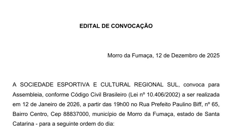 Edital de Convocação: Sociedade Esportiva e Cultural Regional Sul