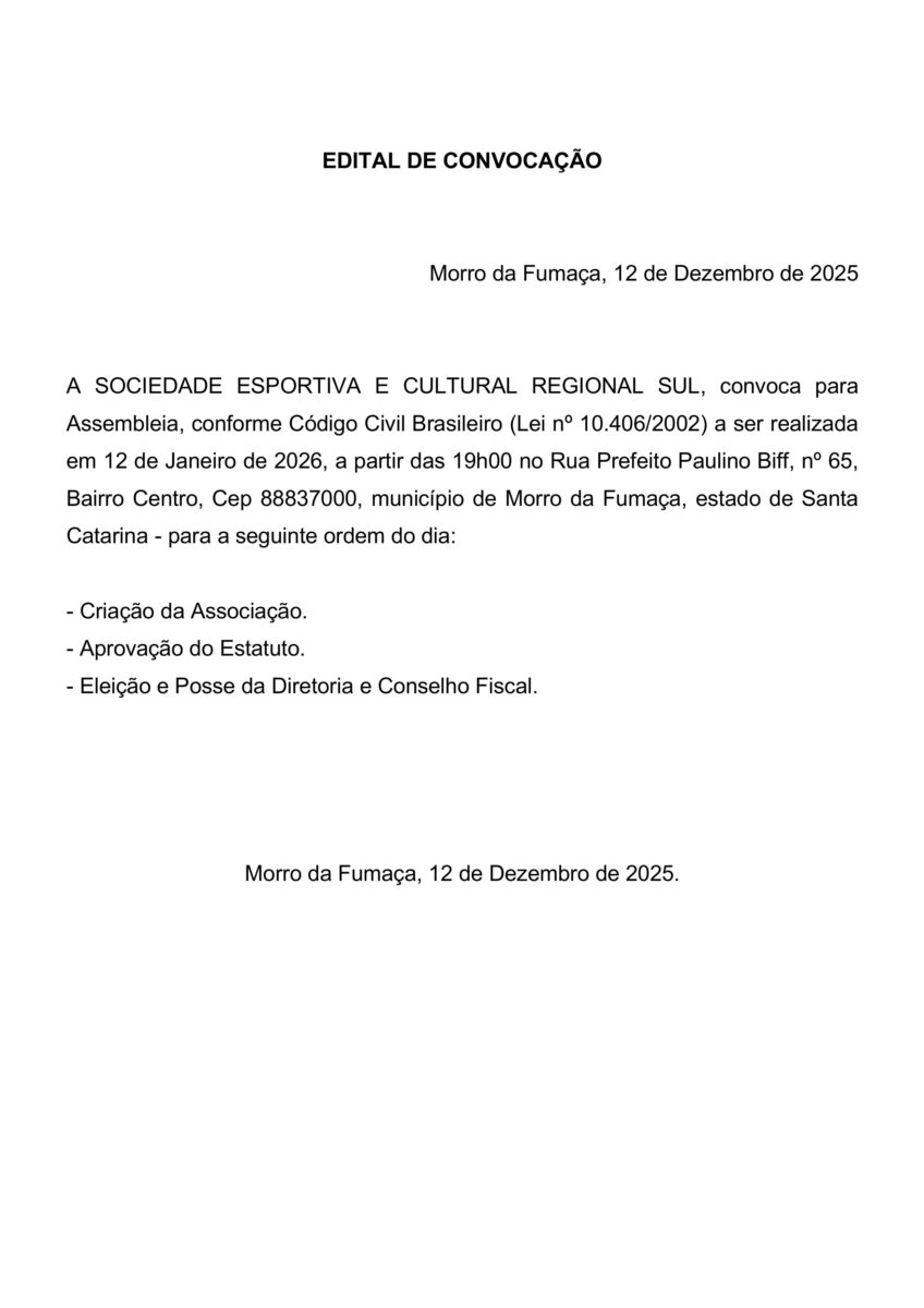 Edital de Convocação: Sociedade Esportiva e Cultural Regional Sul