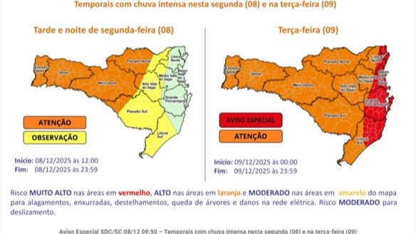 Aulas estão suspensas na rede estadual em medida preventiva contra riscos dos temporais em Santa Catarina