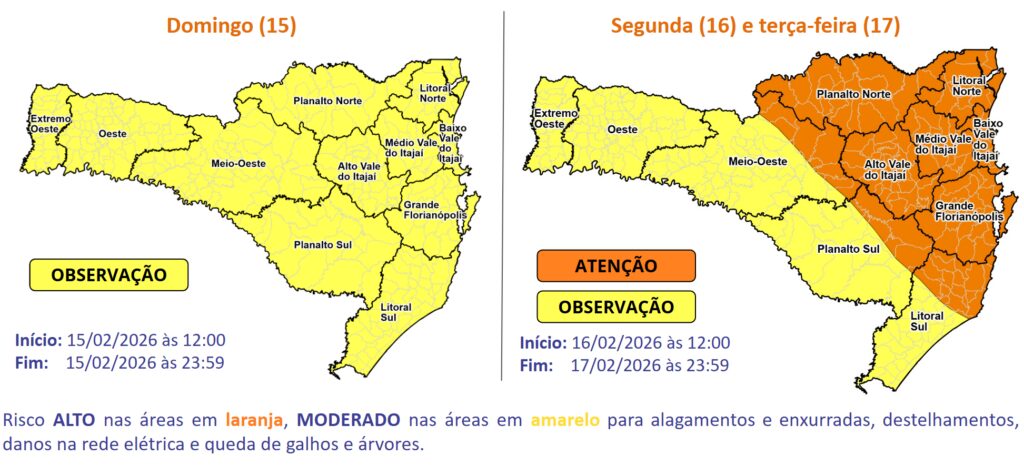 Temporais com chuva intensa entre as tardes e noites até a terça-feira (17)
