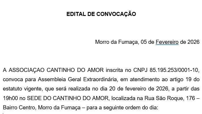 EDITAL DE CONVOCAÇÃO – ASSOCIAÇÃO CANTINHO DO AMOR