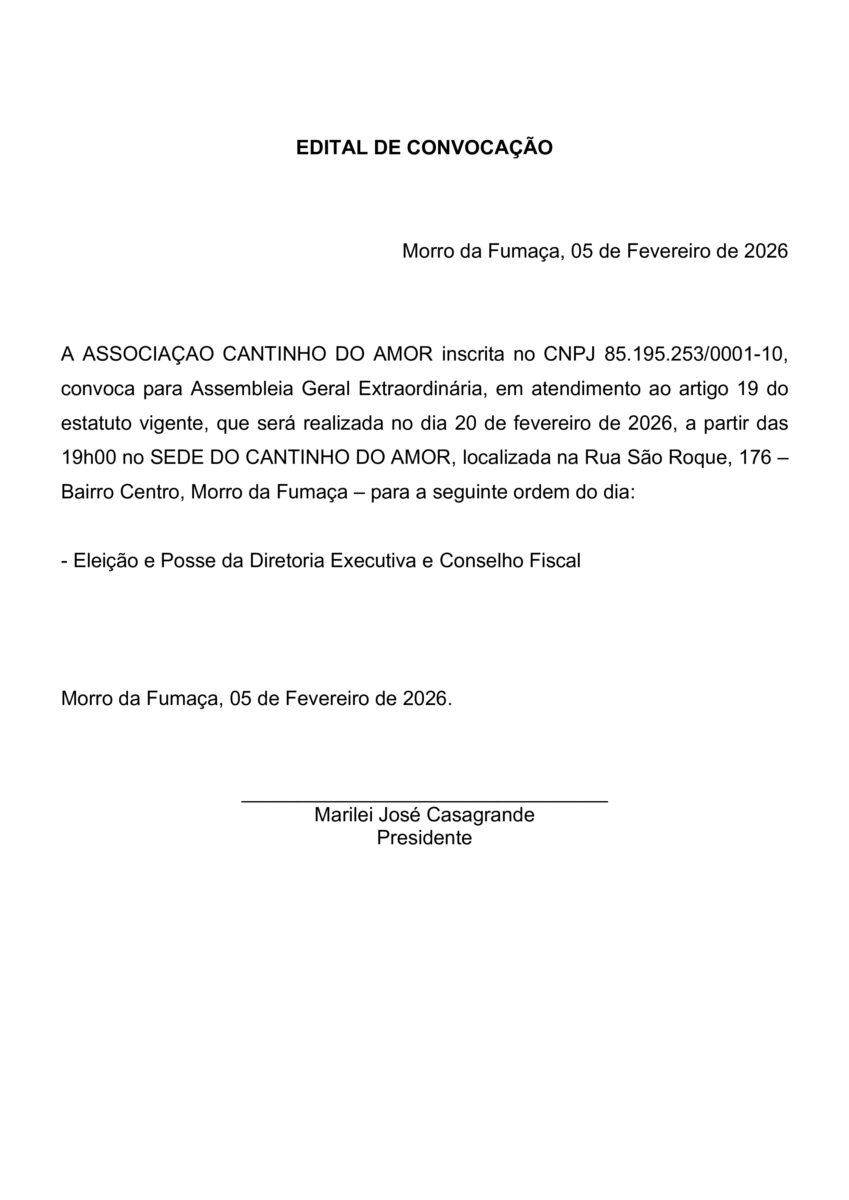 EDITAL DE CONVOCAÇÃO – ASSOCIAÇÃO CANTINHO DO AMOR