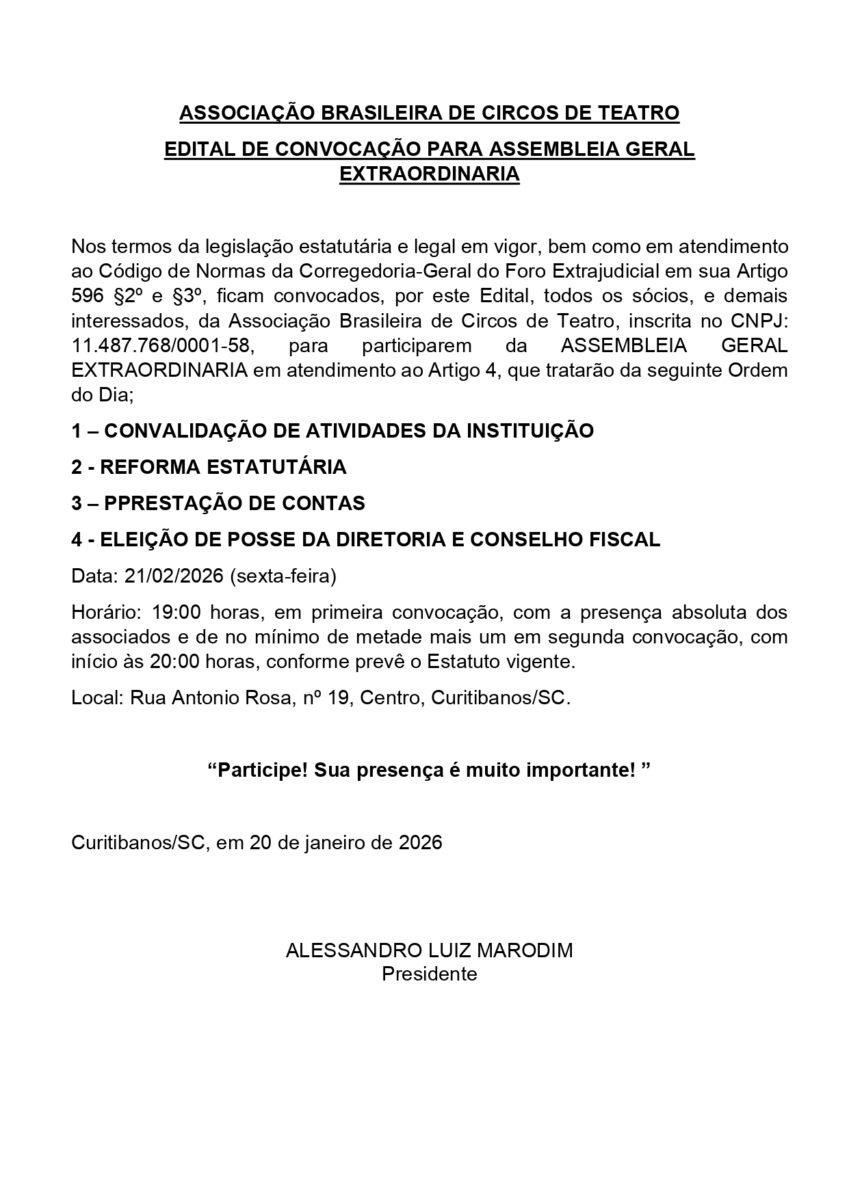 EDITAL DE CONVOCAÇÃO PARA ASSEMBLEIA GERAL EXTRAORDINARIA