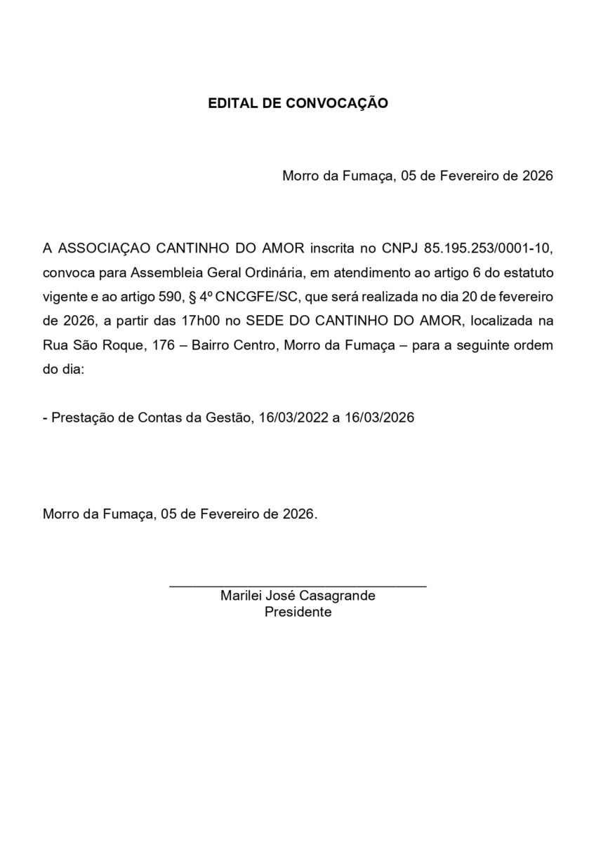 EDITAL DE CONVOCAÇÃO – ASSOCIAÇÃO CANTINHO DO AMOR