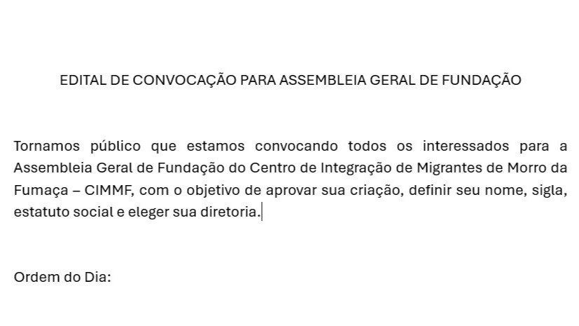 EDITAL DE CONVOCAÇÃO PARA ASSEMBLEIA GERAL DE FUNDAÇÃO