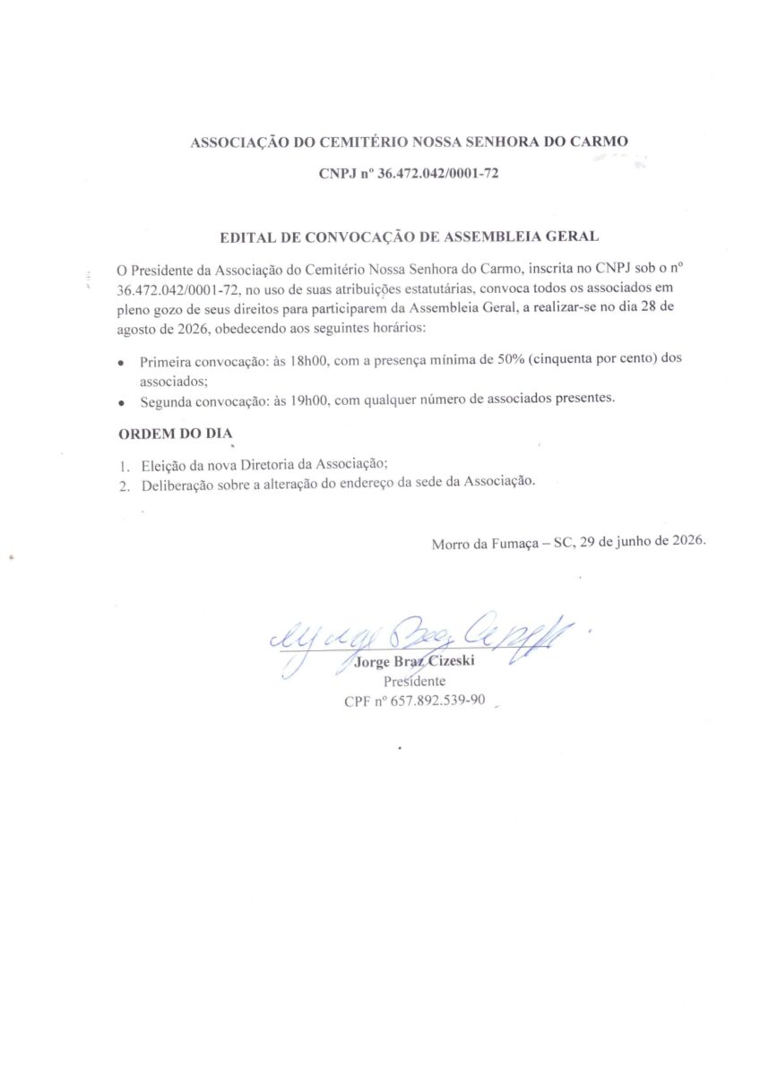 Edital de Convocação - Associação do Cemitério Nossa Senhora do Carmo