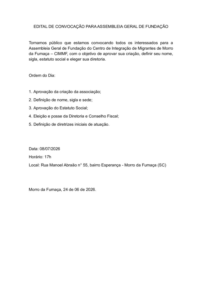 EDITAL DE CONVOCAÇÃO PARA ASSEMBLEIA GERAL DE FUNDAÇÃO