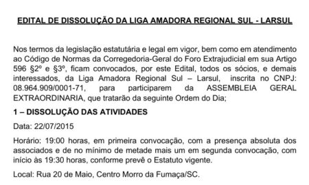EDITAL DE DISSOLUÇÃO DA LIGA AMADORA REGIONAL SUL - LARSUL